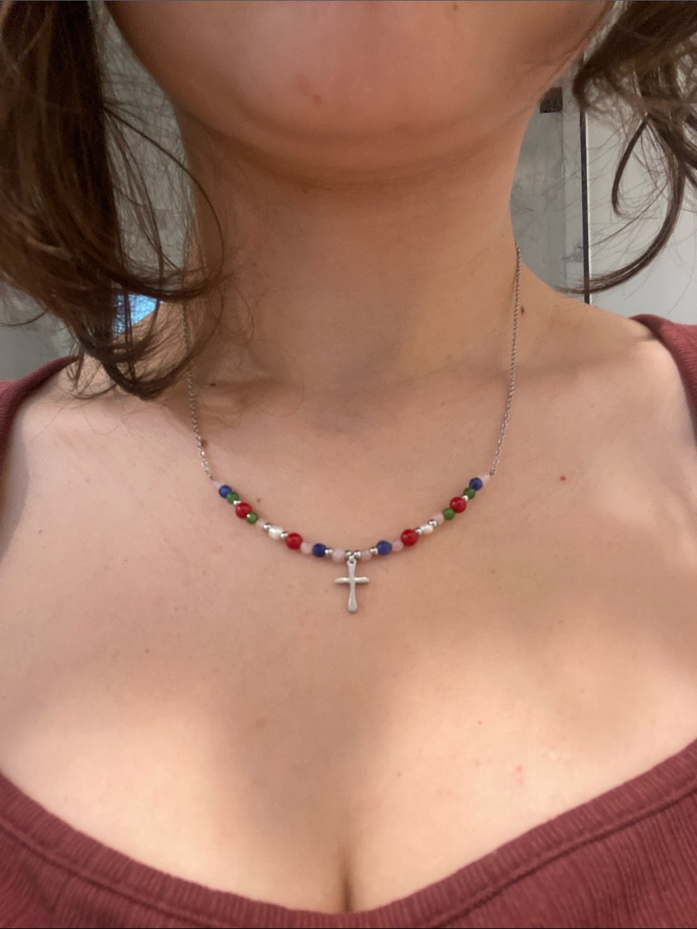 Sterling Silver Cross Pendant Beaded Necklace in Red, Blue & Green